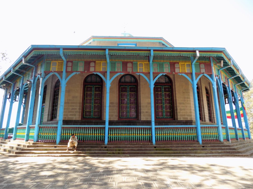 This photo shows the distinctive blue facade ofEntoto Maryam Church