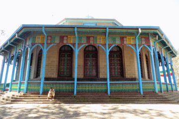 This photo shows the distinctive blue facade ofEntoto Maryam Church