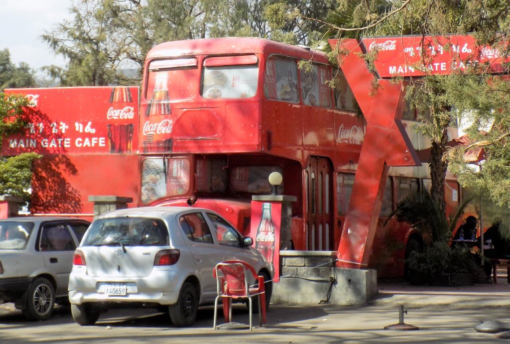 This photo shows a converted London bus in the grounds of the Ethnological Museum, Addis Ababa