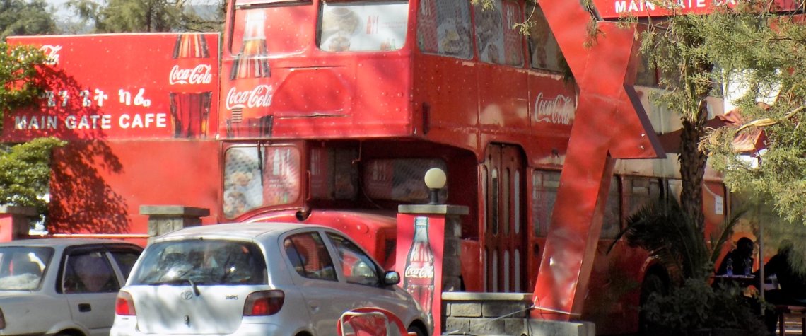 This photo shows a converted London bus in the grounds of the Ethnological Museum, Addis Ababa