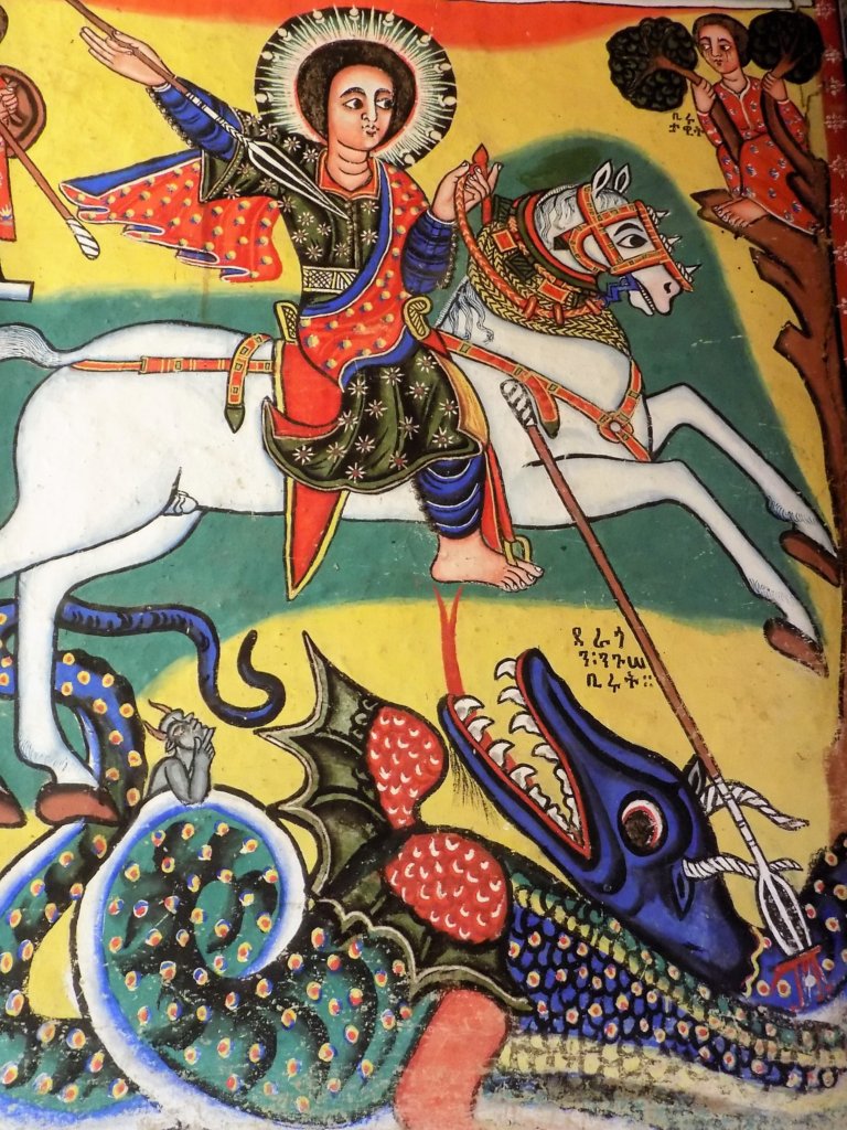 This photo shows a vibrant painting of St. George slaying a dragon