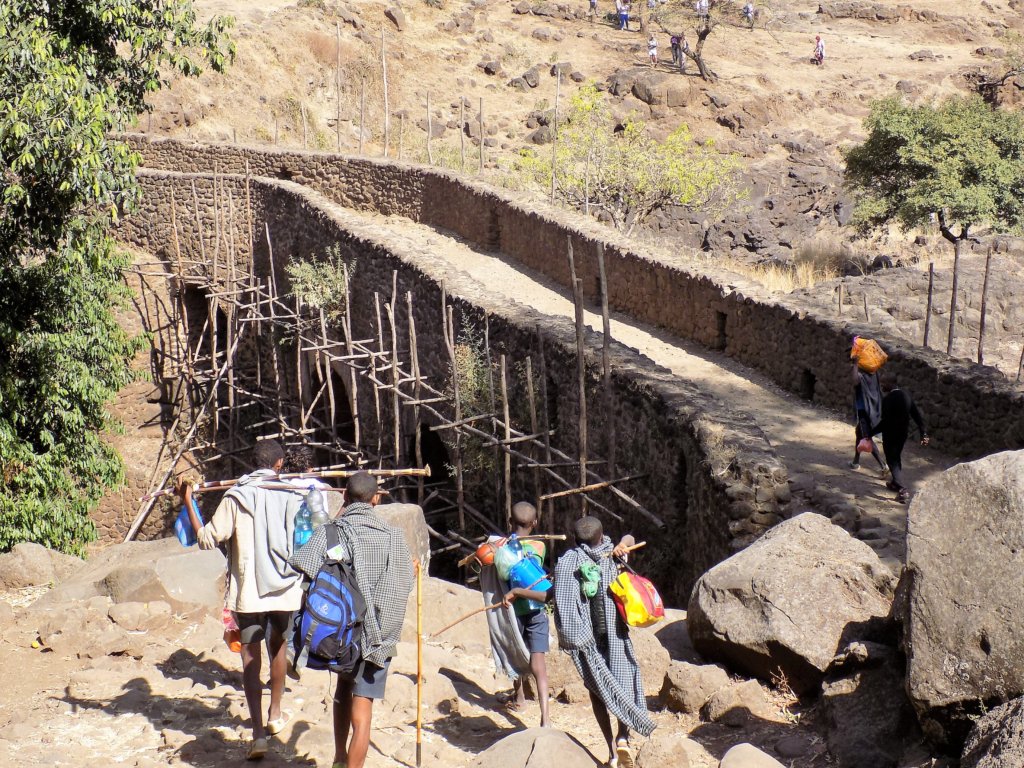 This photo shows the ancient Portuguese Bridge supported by wooden scaffolding to stop it collapsing