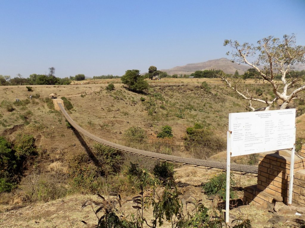 This photo shows the recently-built pedestriansuspension bridge near the Blue Nile Falls