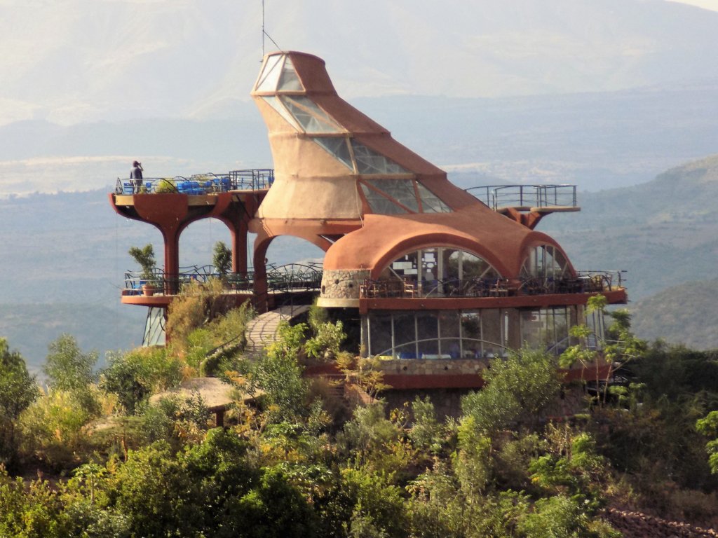 This photo shows the Ben Abeba restaurant viewed from the road out of Lalibela. The quirky architecture which got the restaurant its nickname can clearly be seen.