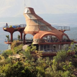 This photo shows the Ben Abeba restaurant viewed from the road out of Lalibela. The quirky architecture which got the restaurant its nickname can clearly be seen.