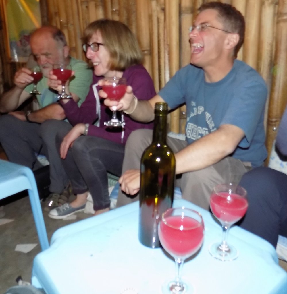 This photo shows some of our group behind a bottle and two glasses of very pink wine!