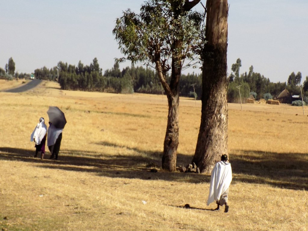 This photo shows people walking by the side of the road wearing long white robes. 