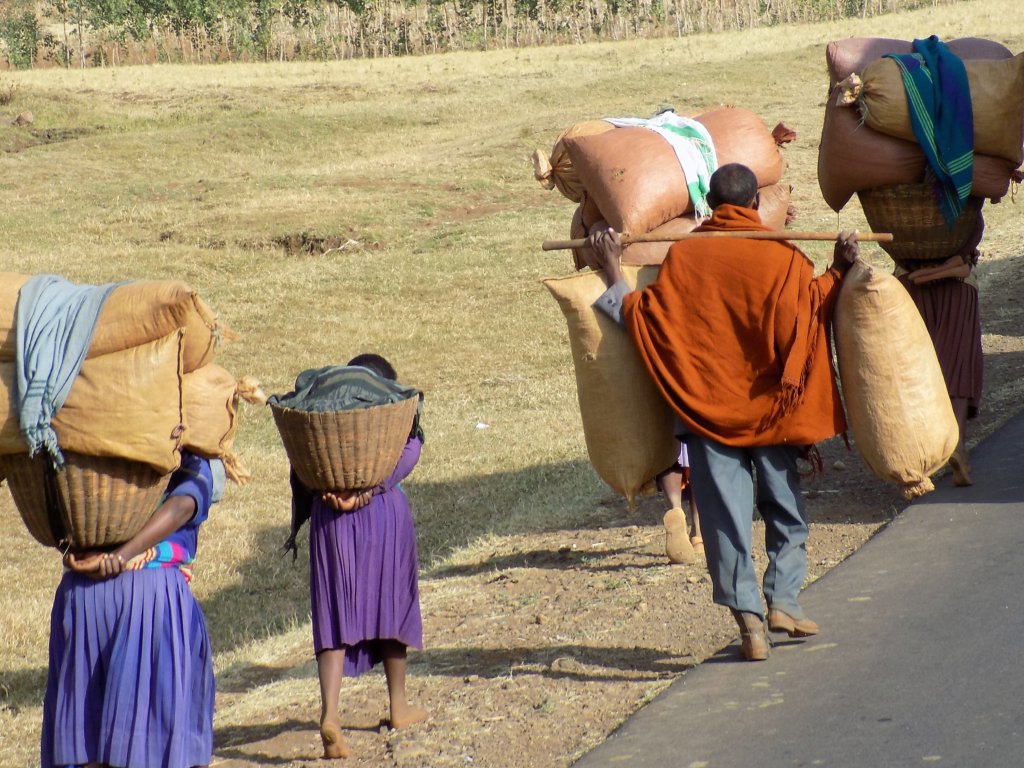 This photo shows people walking along the road carrying heavy baskets