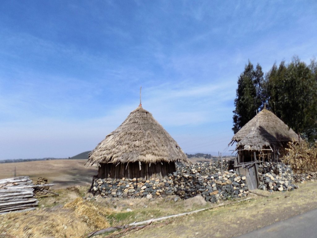 This photo shows two small round stone-built houses with thatched roofs