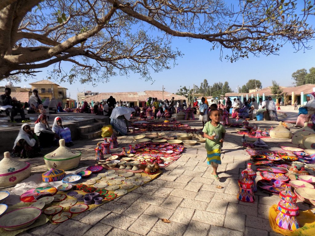 This photo shows colourful basketware laid out on the ground under a large spreading fig tree