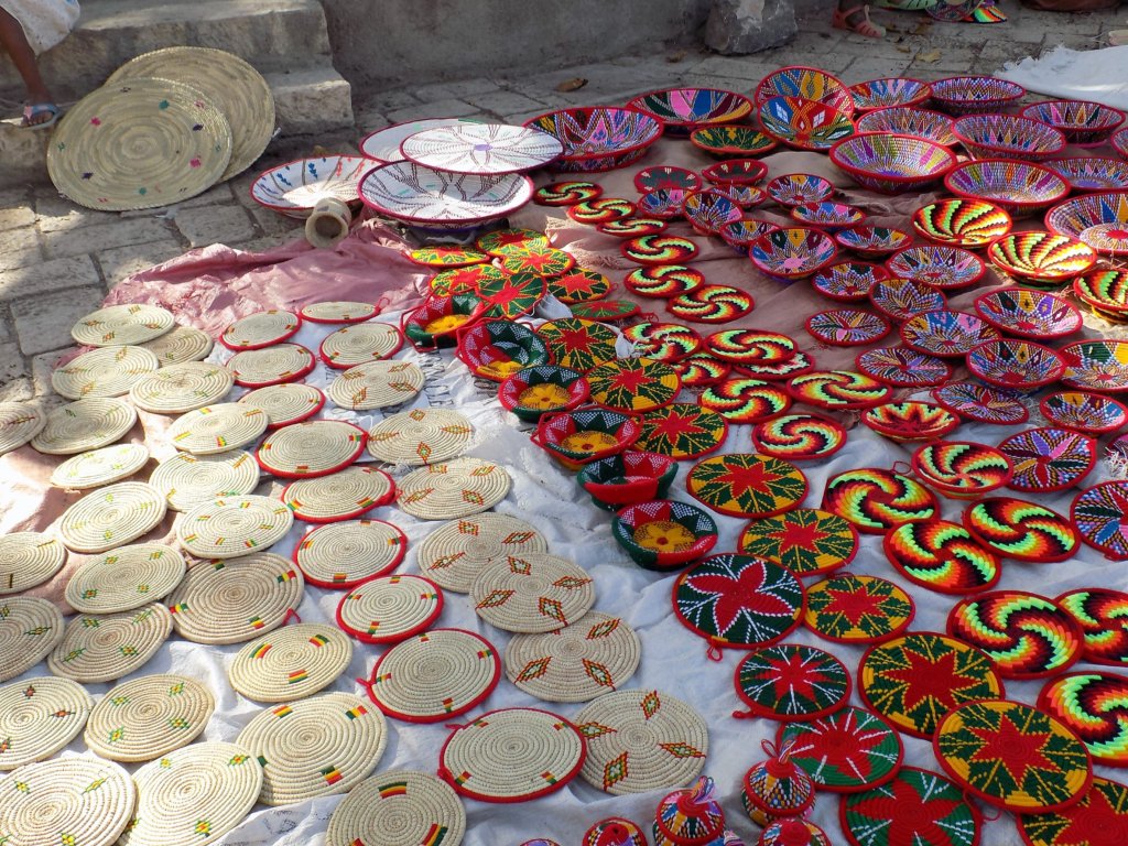 This photo shows colourful baskets laid out for sale