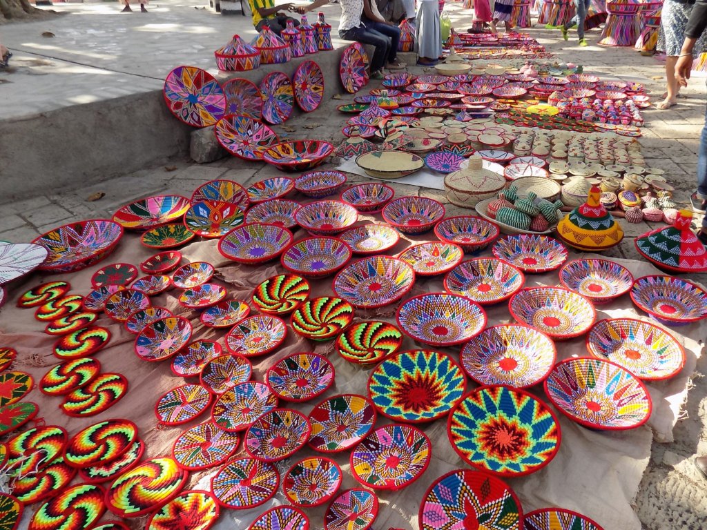 This photo shows morevibrantly coloured woven baskets