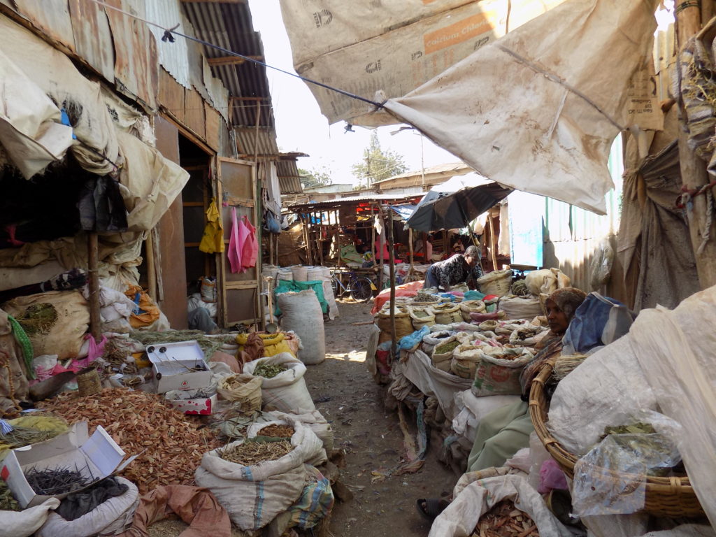 This photo shows sacks of herbs and spices for sale in Gondar market