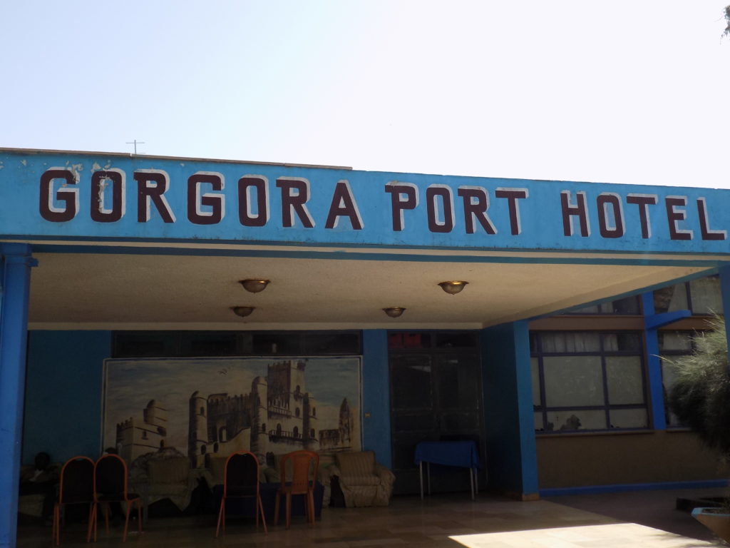 This photo shows the entrance to the Gorgora Port Hotel