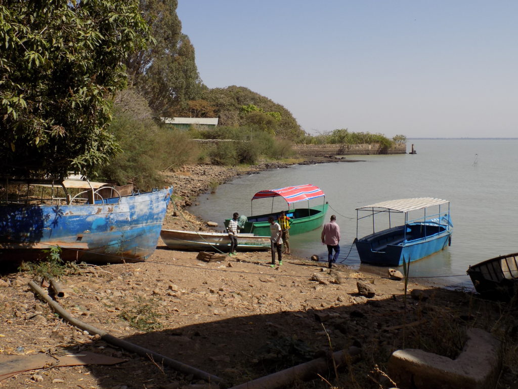 This photo shows a few small boats on the shore of Lake Tana