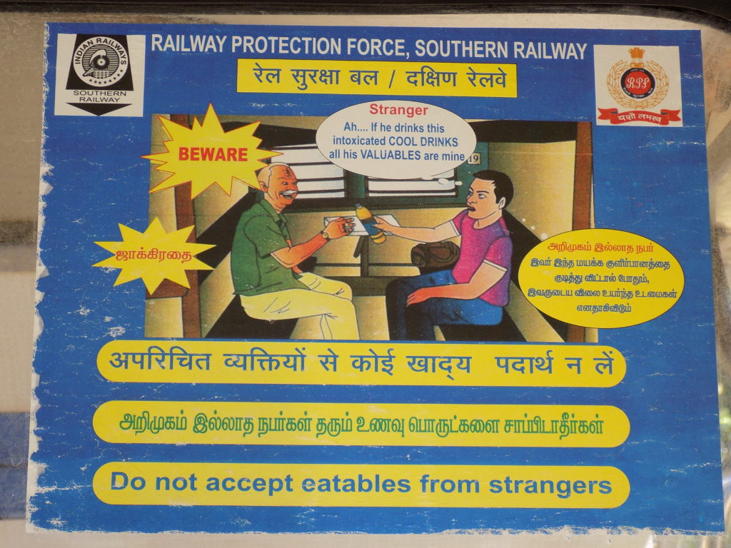 This is a public information poster displayed in our carriage. It's about the dangers of being robbed if you drink too much alcohol.