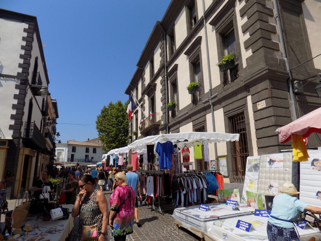 This photo shows stalls in Marseillan market.