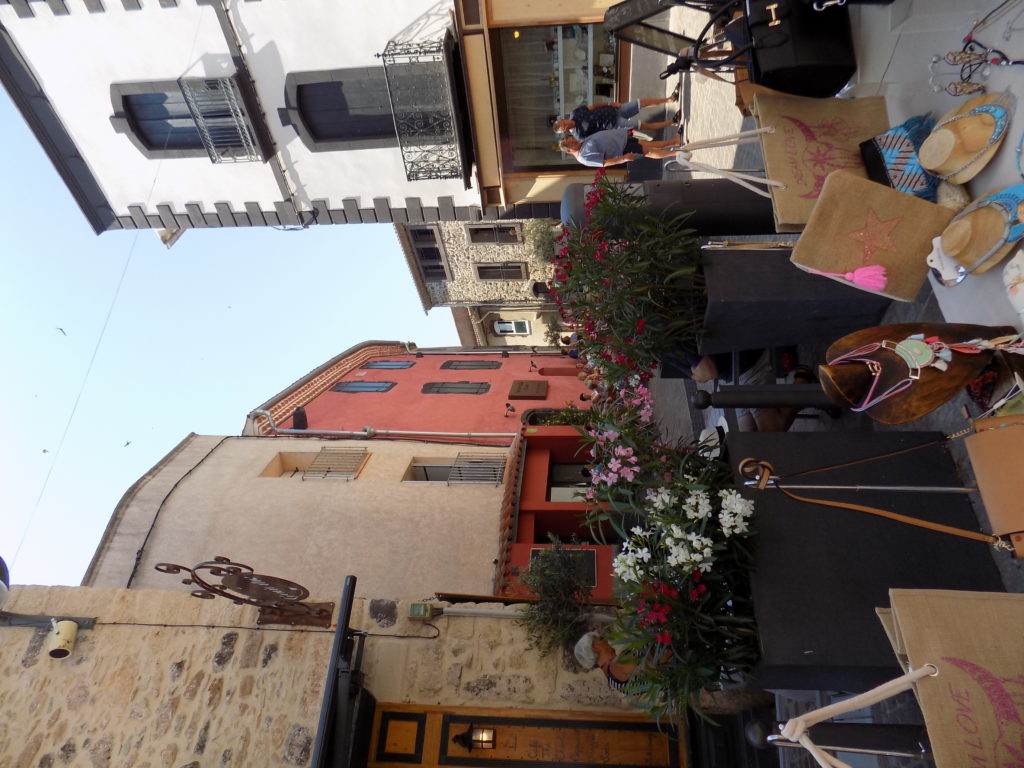 This photo shows a street in Marseillan on market day. There are colourful stalls set against the backdrop of distinctive local architecture.