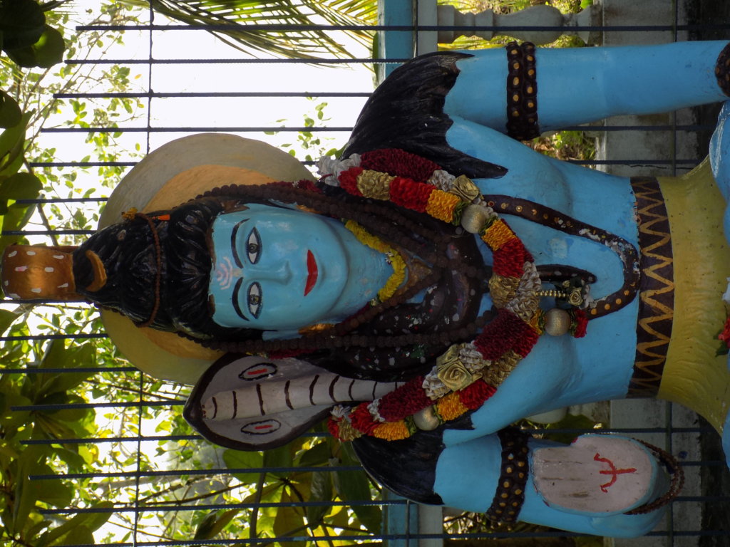 This picture shows a statue of a Hindu God in brilliant blue