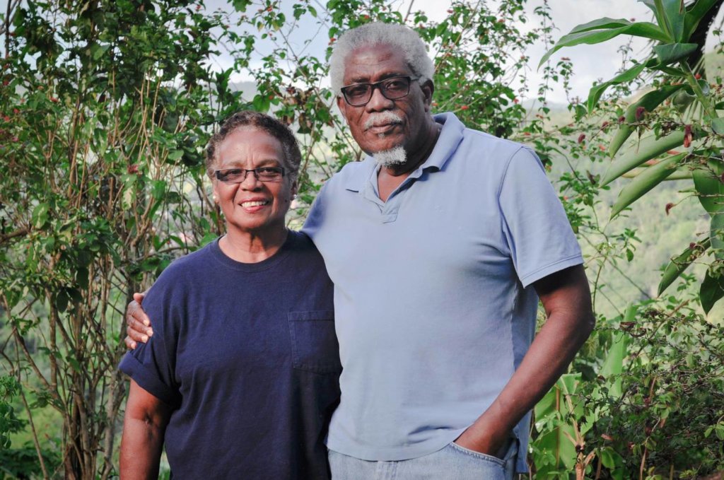 This photo shows Gloria and Theo Ferguson standing in their garden at Yerette