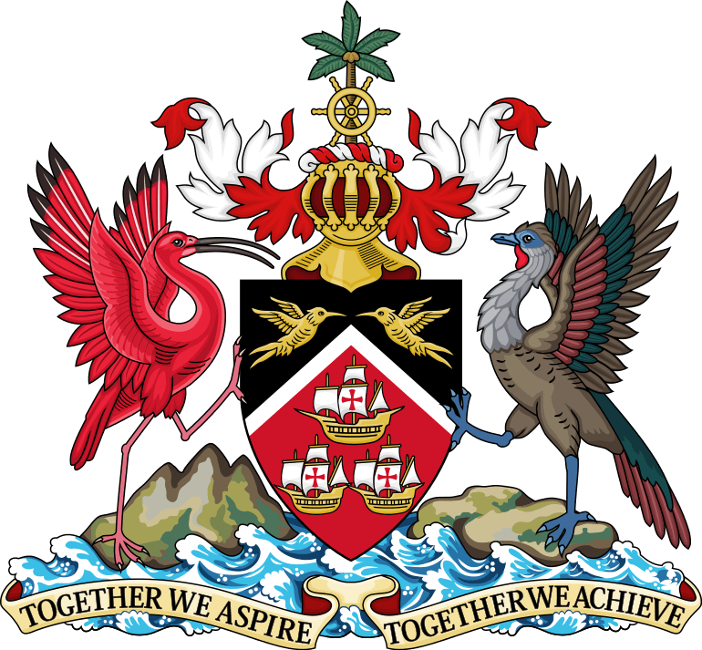 This picture shows the coat of arms of Trinidad and Tobago, featuring the hummingbird and the scarlet ibis.