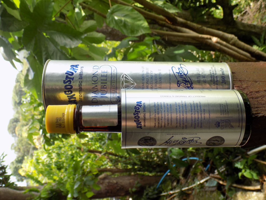 This picture shows the limited edition Diamond Jubilee bottle of Angostura Bitters and its presentation silver tube.