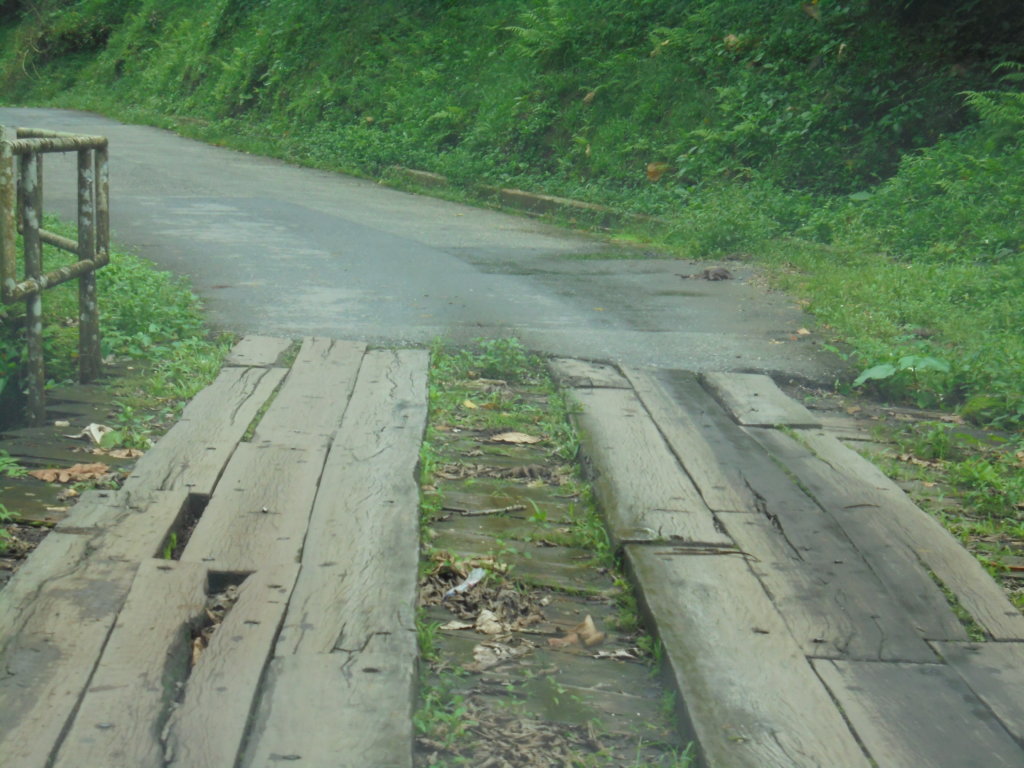 This picture shows a road in Trinidad where the tarmac had run out and had been replaced with wooden planks laid over the bare earth!