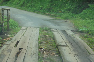 This picture shows a road in Trinidad where the tarmac had run out and had been replaced with wooden planks laid over the bare earth!