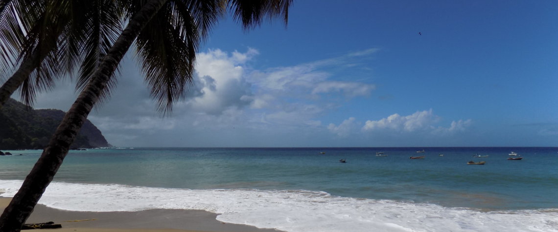 This photo shows the white sandy beach and azure blue Caribbean Sea at Big Bay, Castara. There is a palm tree casting its shadow over the beach.