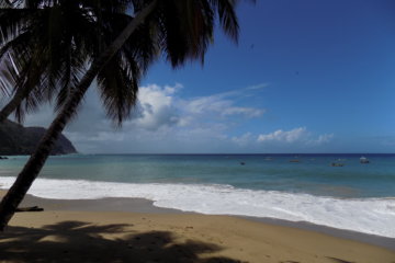 This photo shows the white sandy beach and azure blue Caribbean Sea at Big Bay, Castara. There is a palm tree casting its shadow over the beach.