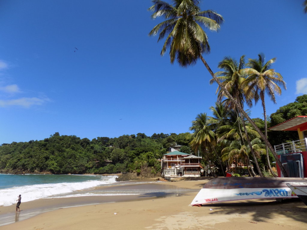 This photo shows Big Bay fringed with palm trees and with an upturned fishing boat on the beach