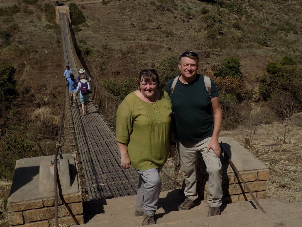 This photo shows Mark and I standing in front of the rope bridge at the Blue Nile Falls, Ethiopia