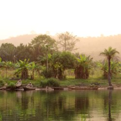 This photo shows the banks of the River Volta with the trees reflected in the water and a number of pirogues moored