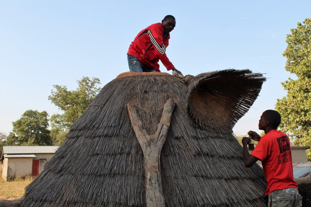 This picture shows a Somba man accessing his grain store through a hole in the top of the roof