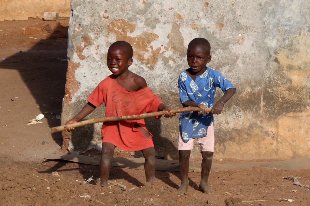 This picture shows two little boys playing with a stick