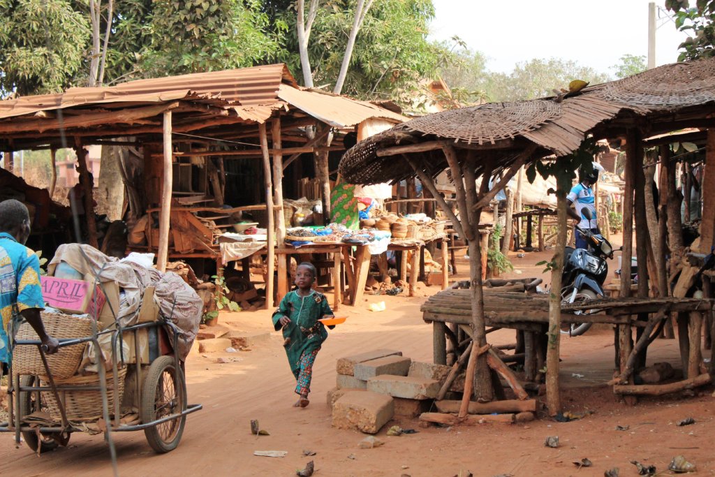 This photo shows some half-empty stalls at the voodoo fetish market in Abomey