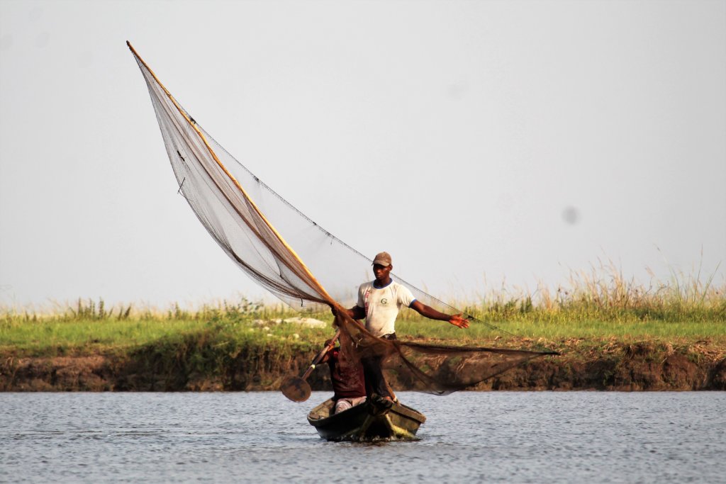 This picture shows a fisherman casting his net