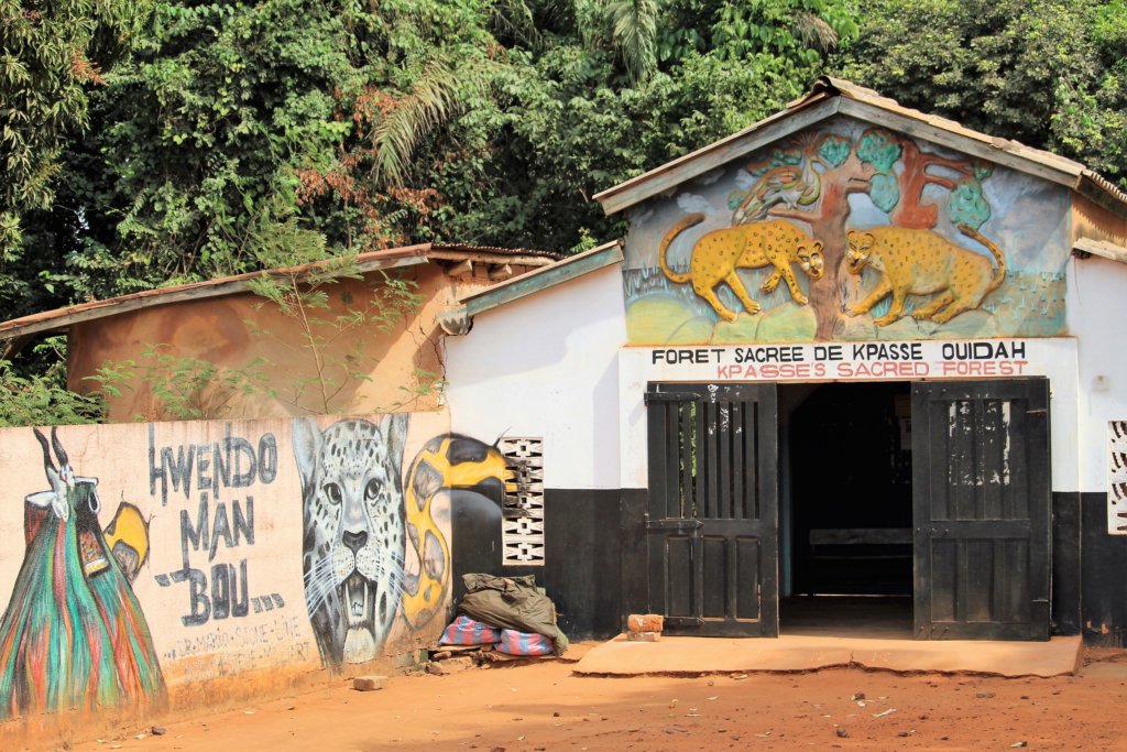 This photo shows the entrance to the Sacred Forest with paintings of wild animals on the walls