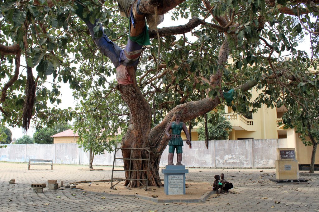 This photo shows Place Chacha with a huge tree in the centre