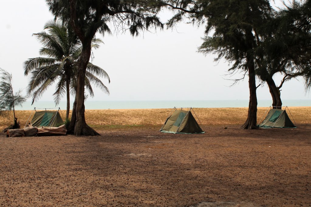 This photo shows three of our tents pitched on the beach at grand Popo