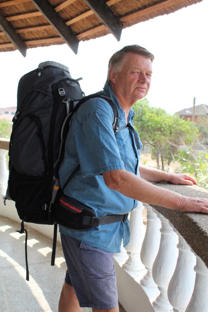 This photo shows Mark standing with his Berghaus on his back ready to go