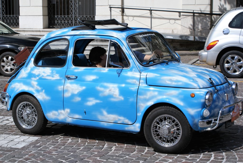 This photo shows a Fiat 500 painted as the sky complete with flying birds and fluffy white clouds