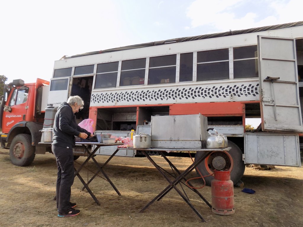 This picture shows our truck, Christie, with the camp kitchen set up in front