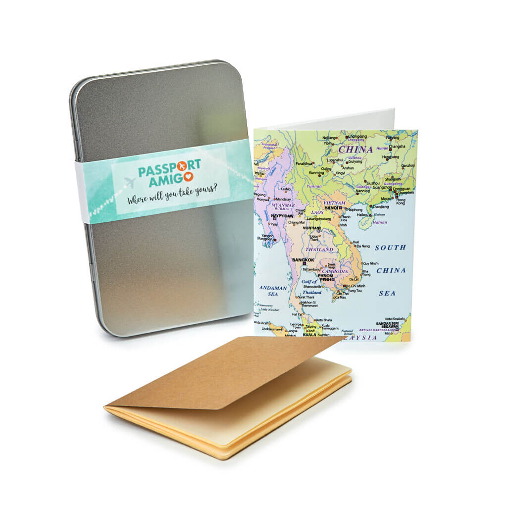 This photo shows the south east Asia version of the Passport Amigo travel wallet, complete with notebook