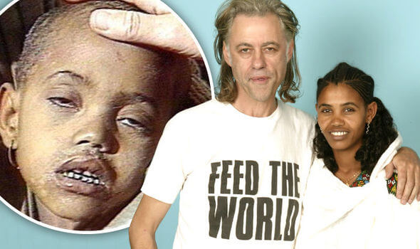 This photo shows Bob Geldof with Birhan Woldu at Live 8. There is an inset picture of Birhan as a starving baby back in 1985.