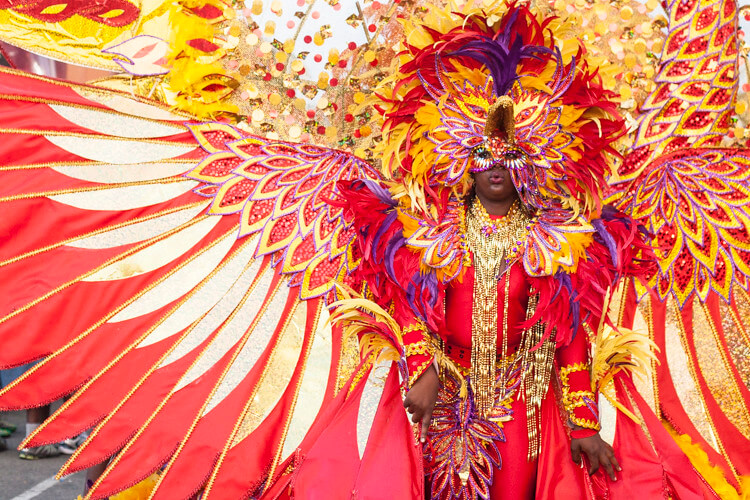 This photo shows a girl dressed for carnival in a flamboyant costume of pink and gold complete with an elaborate headdress