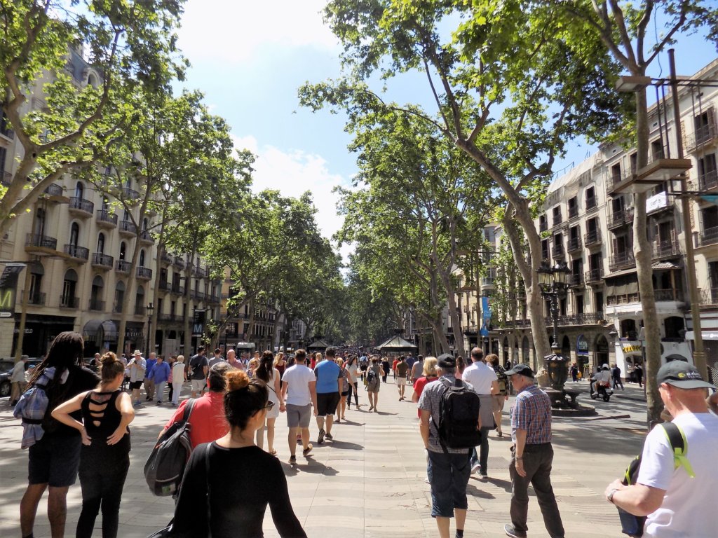 This photo shows the tree-lined Las Ramblas with crowds of people strolling in the sunshine