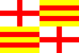 A flag divided into four quarters with two George crosses and two Catalonia flags