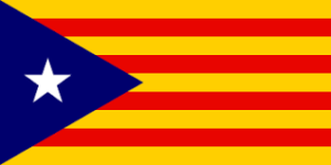 The flag of Catalonia with the addition of a blue triangle on the left hand side.