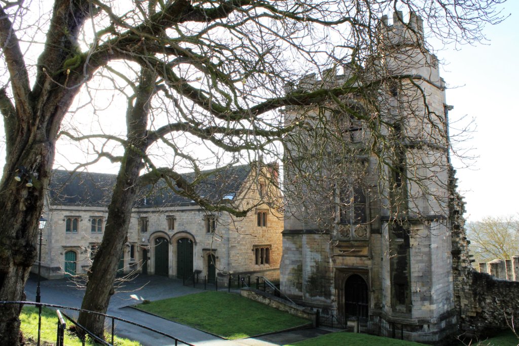 This photo was taken in winter and shows the Bishop's Palace with a bare tree in the foreground